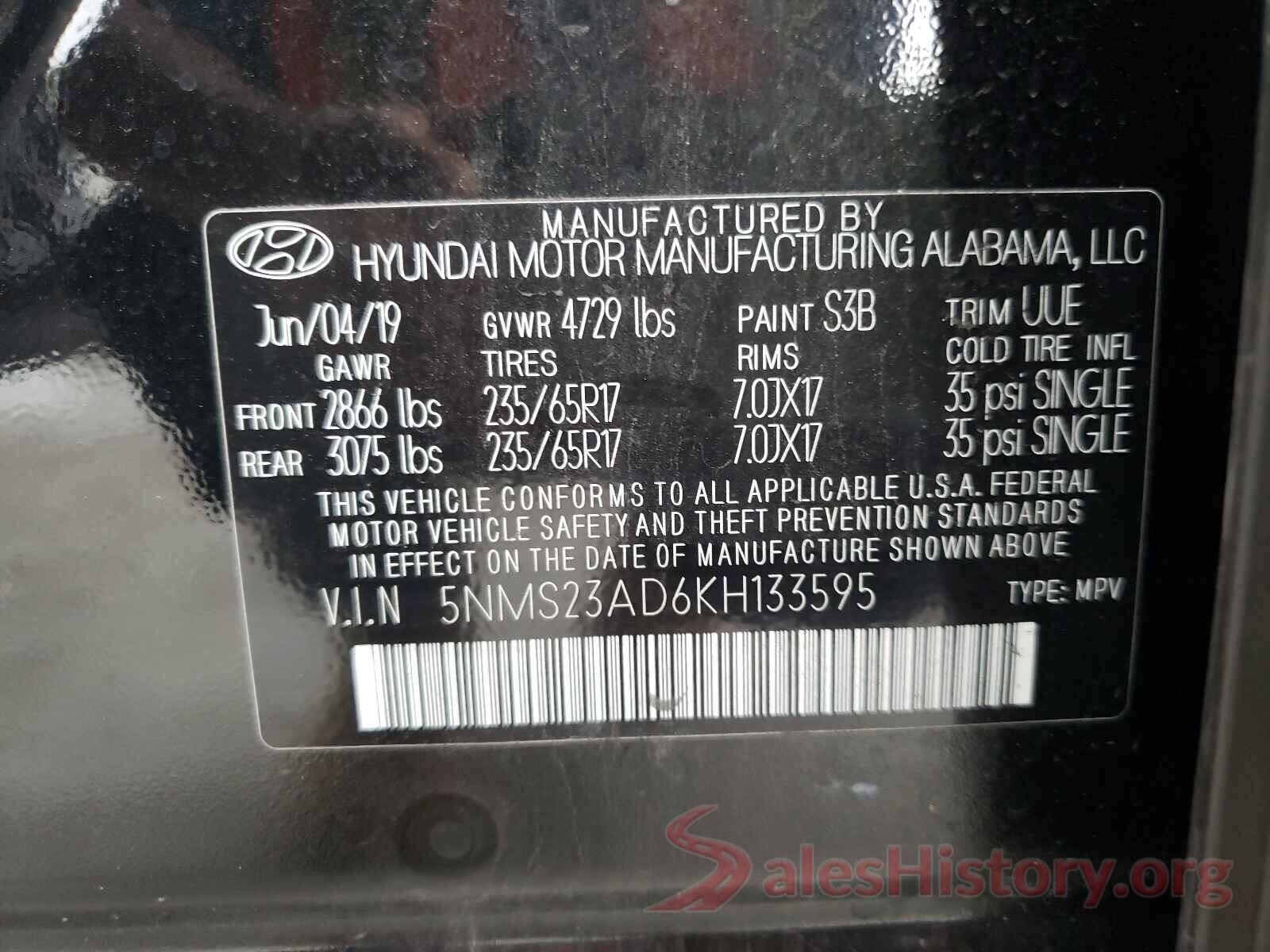 5NMS23AD6KH133595 2019 HYUNDAI SANTA FE