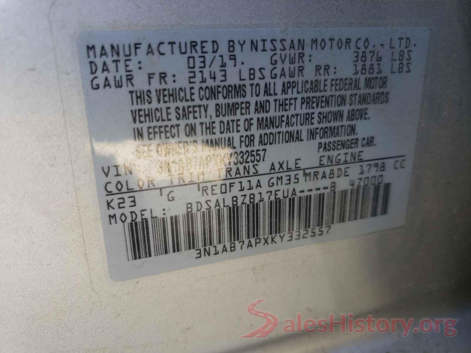 3N1AB7APXKY332557 2019 NISSAN SENTRA