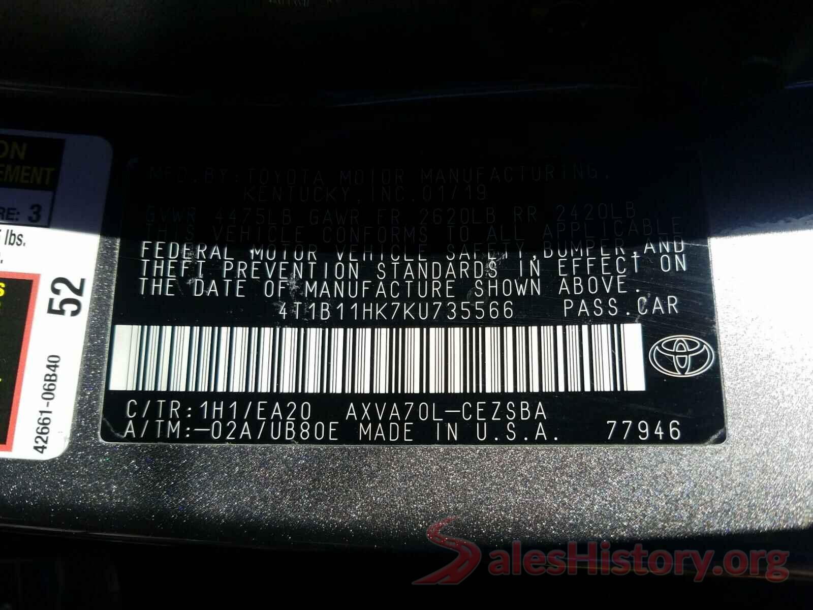 4T1B11HK7KU735566 2019 TOYOTA CAMRY