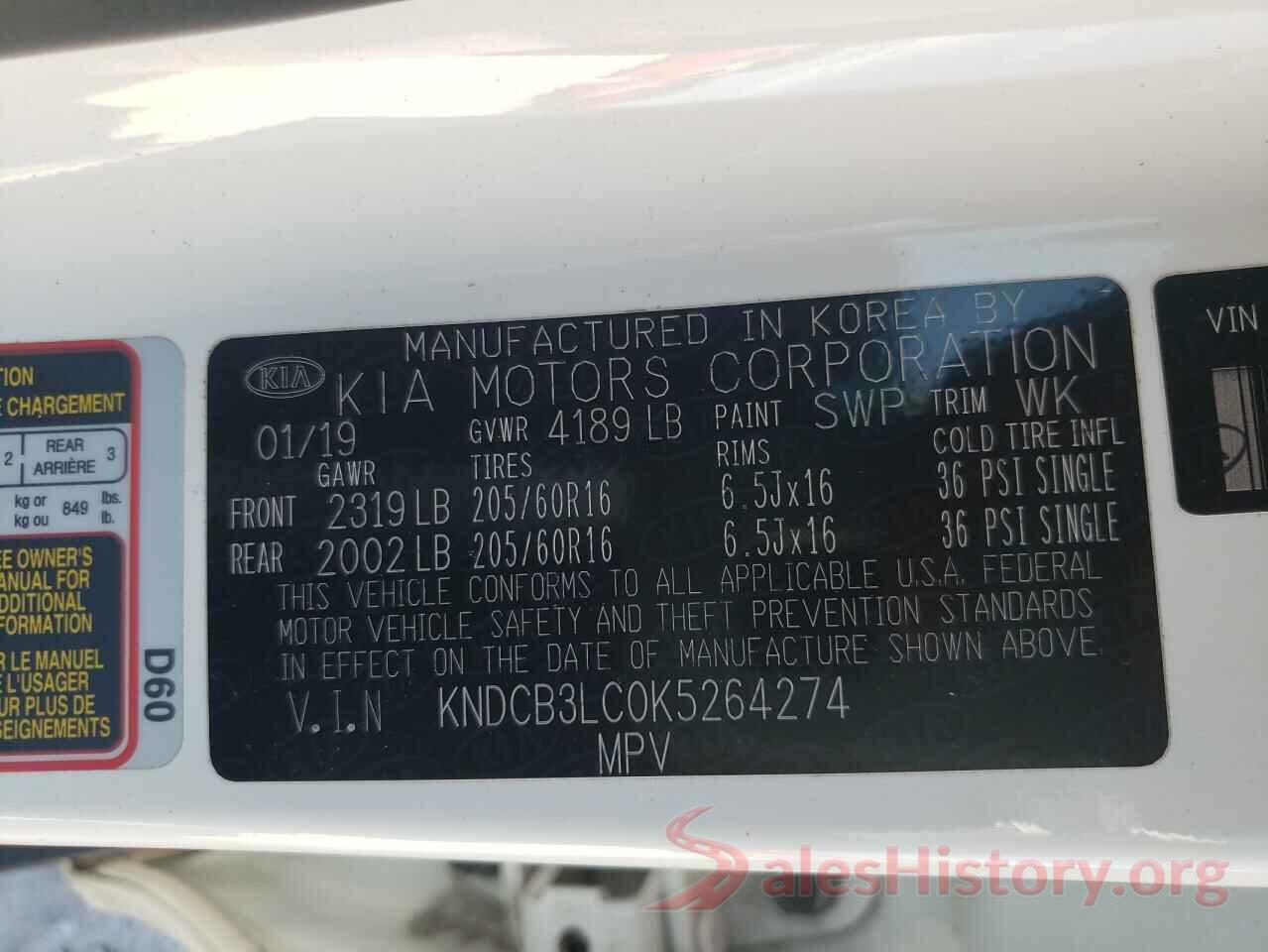 KNDCB3LC0K5264274 2019 KIA NIRO