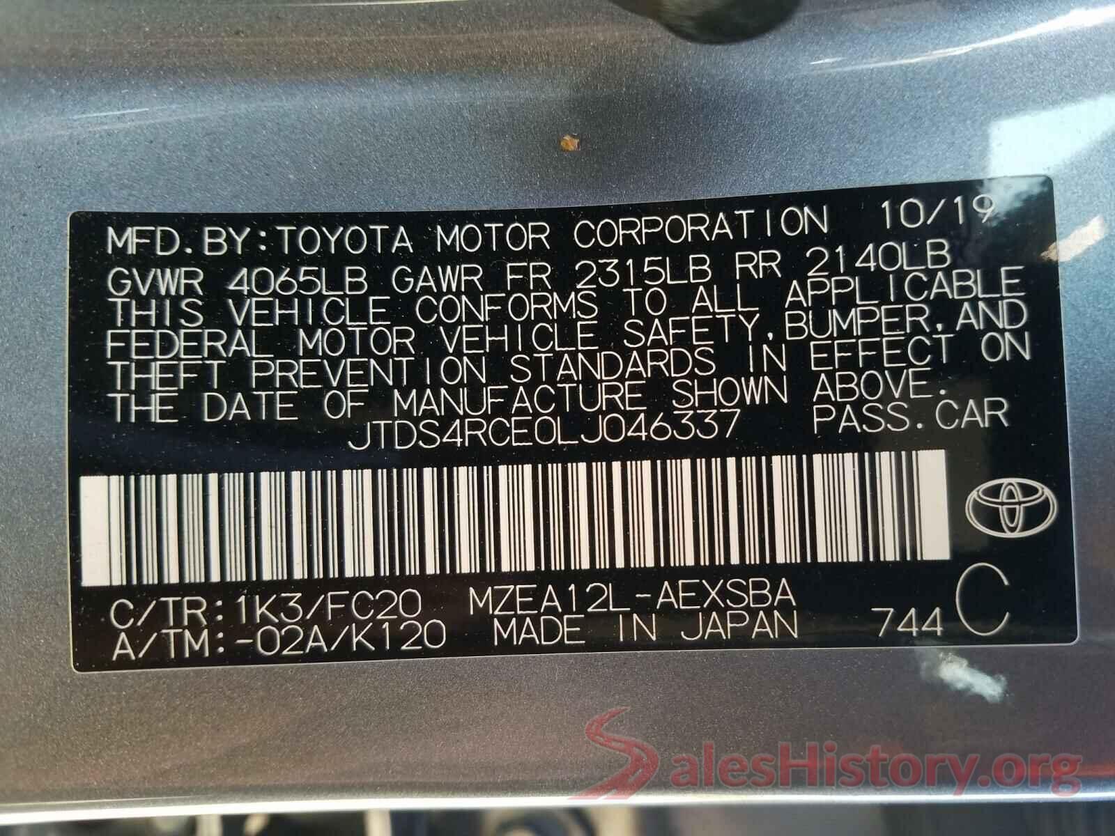 JTDS4RCE0LJ046337 2020 TOYOTA COROLLA