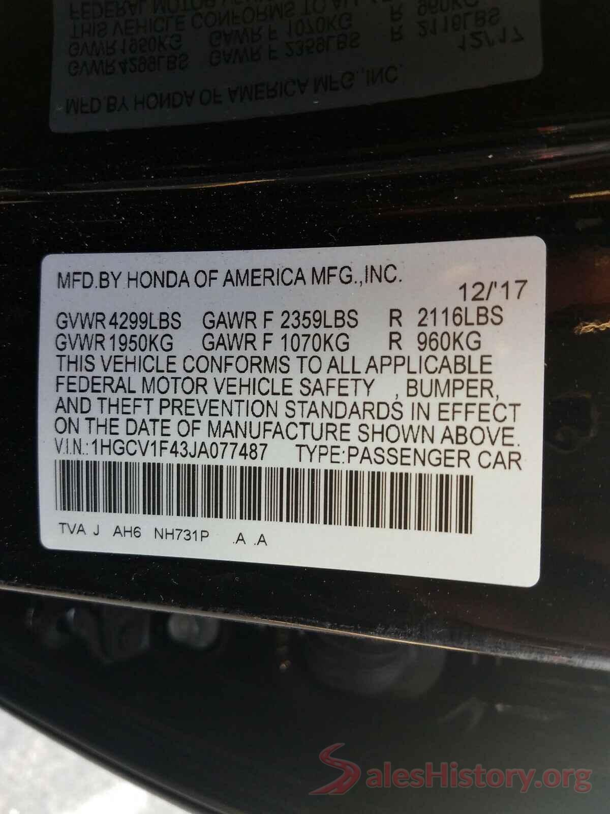 1HGCV1F43JA077487 2018 HONDA ACCORD