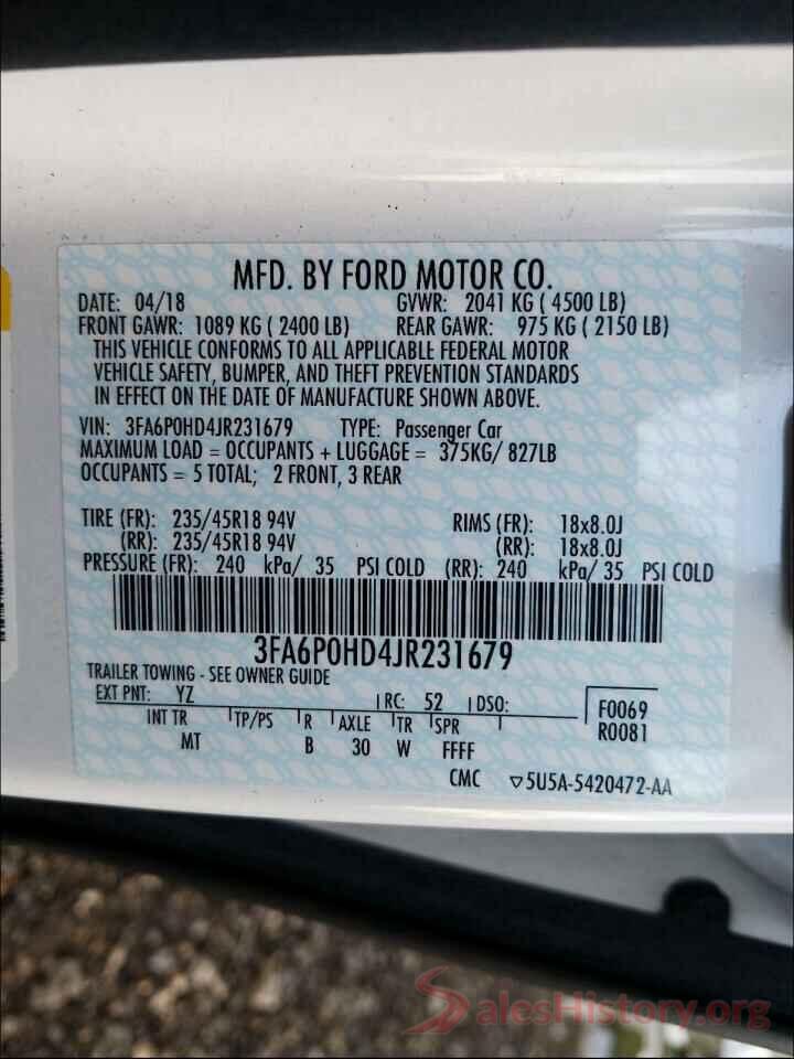 3FA6P0HD4JR231679 2018 FORD FUSION