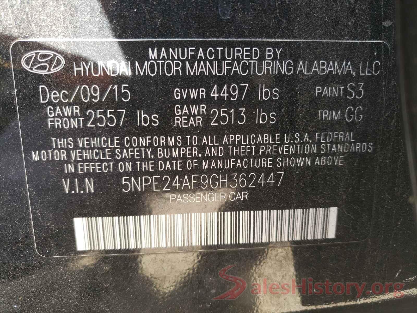 5NPE24AF9GH362447 2016 HYUNDAI SONATA