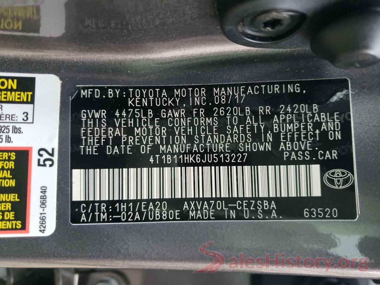 4T1B11HK6JU513227 2018 TOYOTA CAMRY