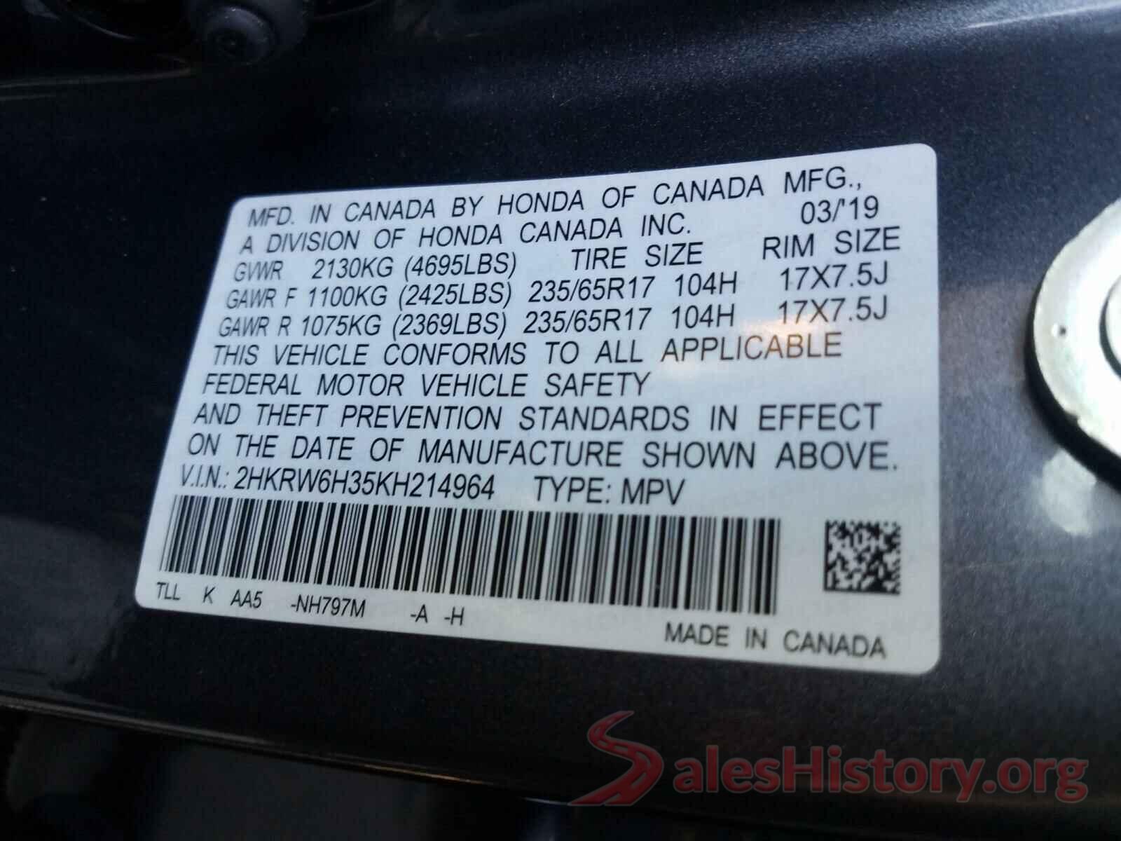 2HKRW6H35KH214964 2019 HONDA CRV