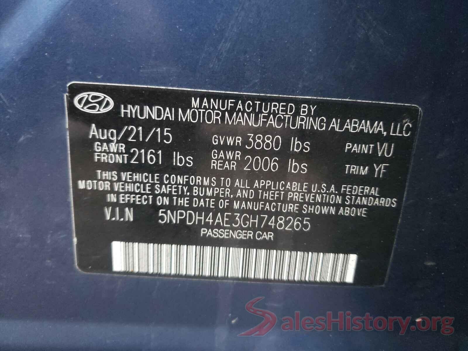 5NPDH4AE3GH748265 2016 HYUNDAI ELANTRA