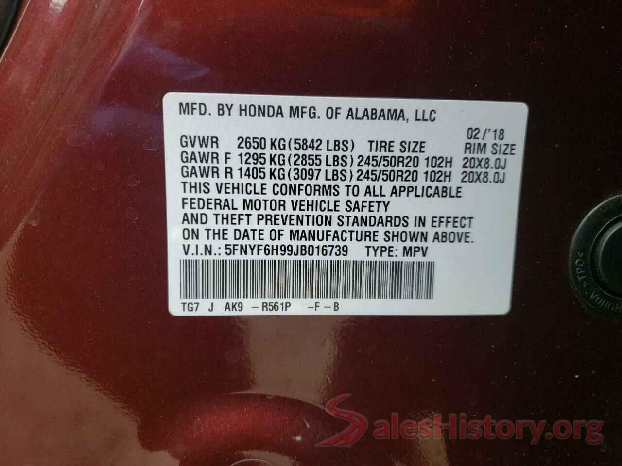 5FNYF6H99JB016739 2018 HONDA PILOT