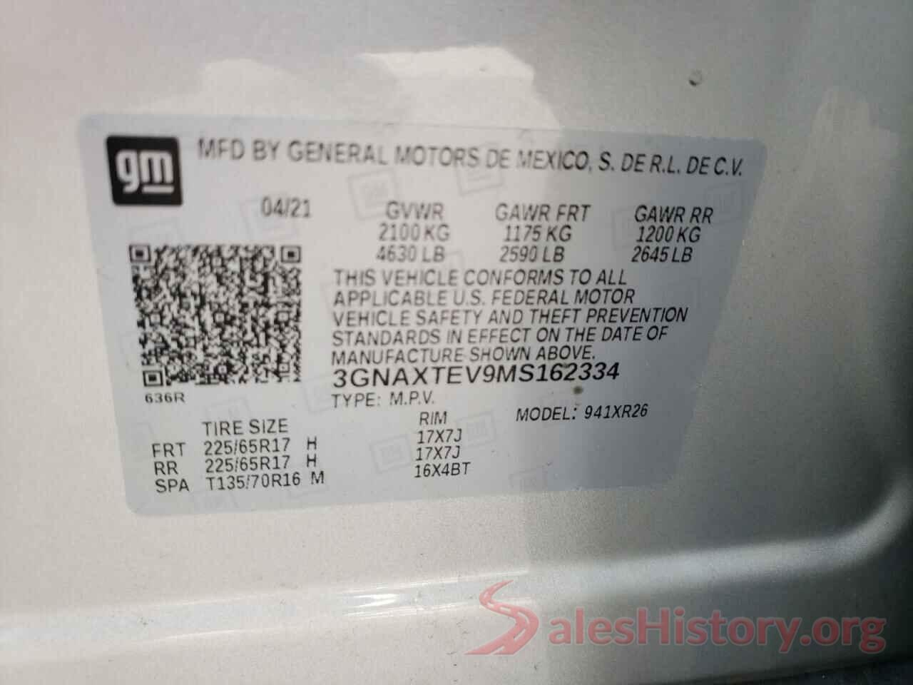 3GNAXTEV9MS162334 2021 CHEVROLET EQUINOX