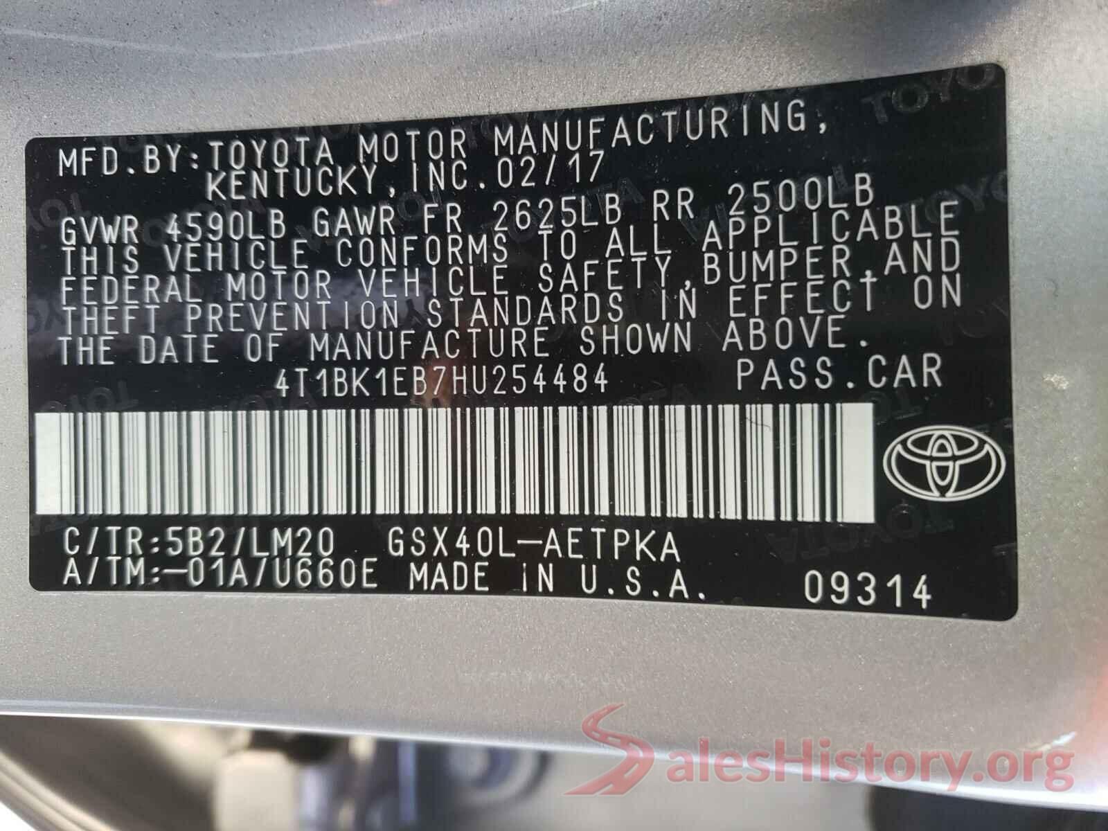 4T1BK1EB7HU254484 2017 TOYOTA AVALON