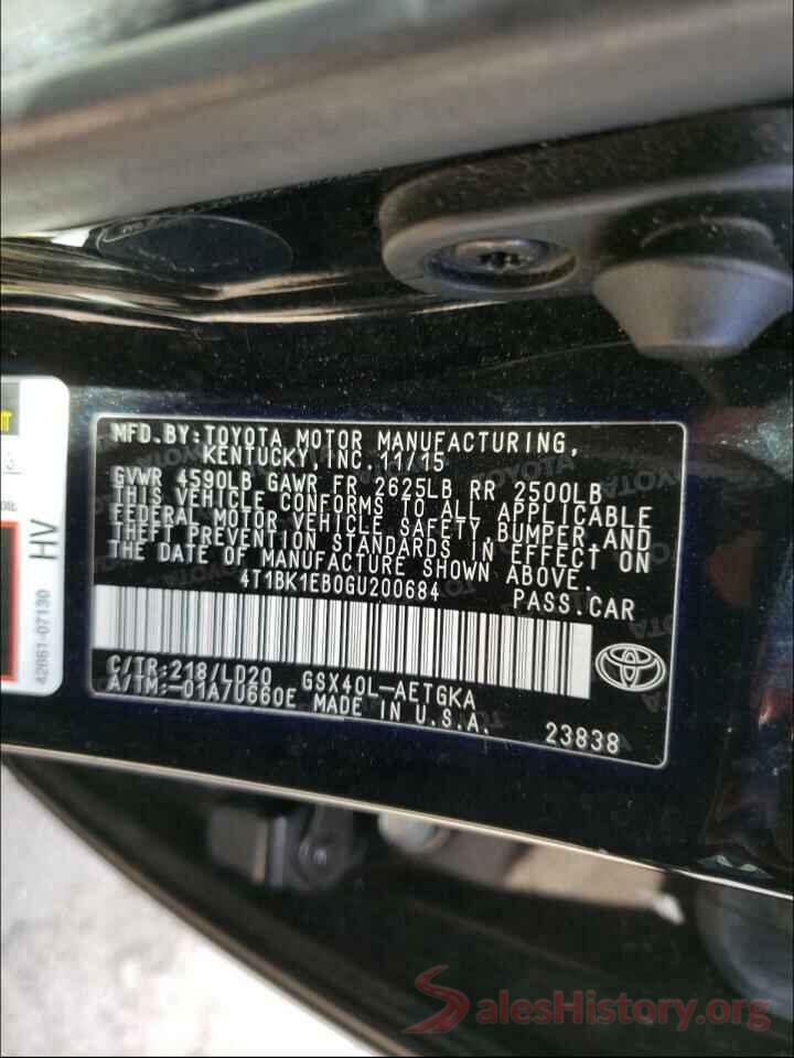 4T1BK1EB0GU200684 2016 TOYOTA AVALON