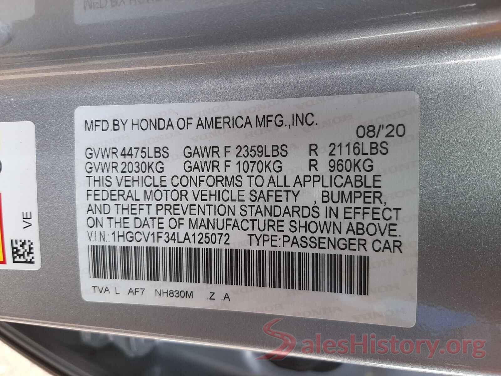 1HGCV1F34LA125072 2020 HONDA ACCORD