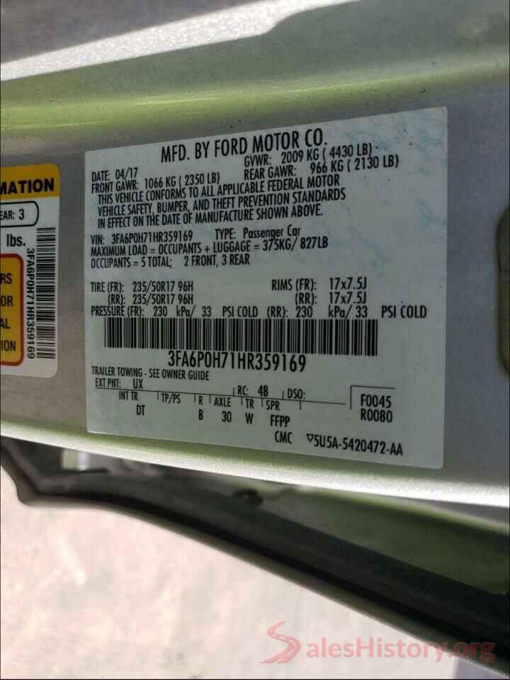 3FA6P0H71HR359169 2017 FORD FUSION