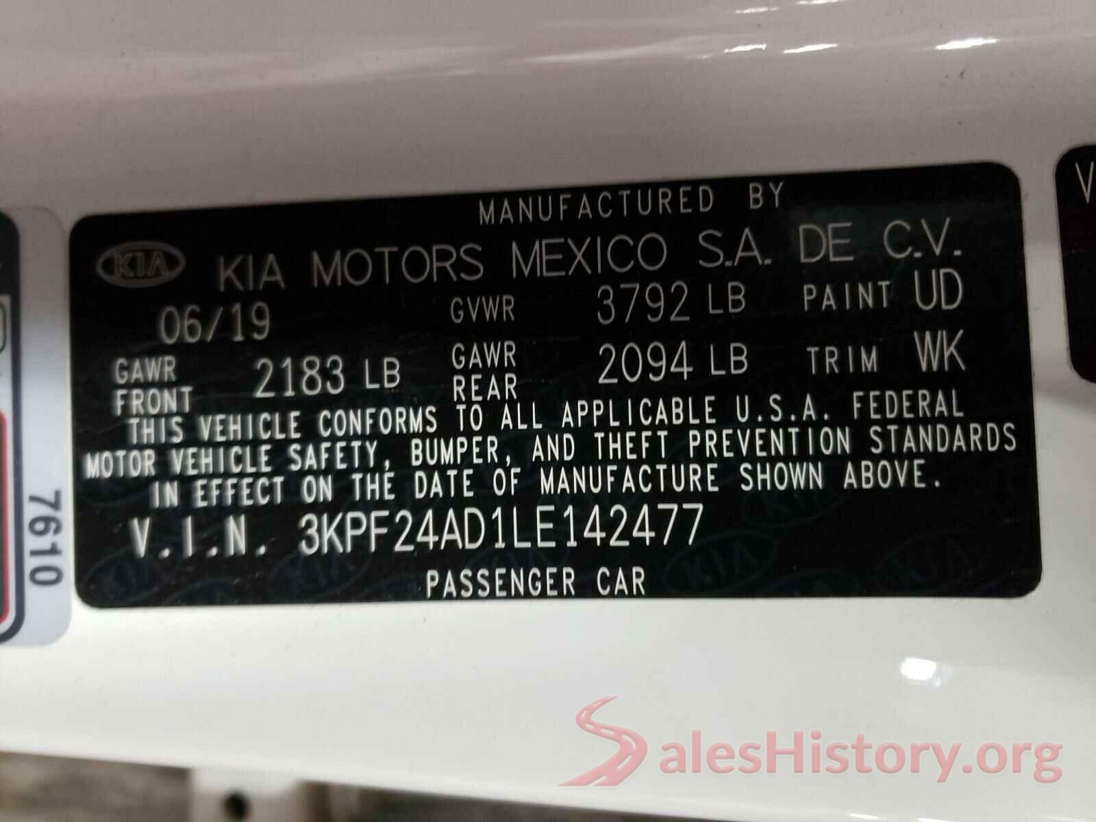 3KPF24AD1LE142477 2020 KIA FORTE