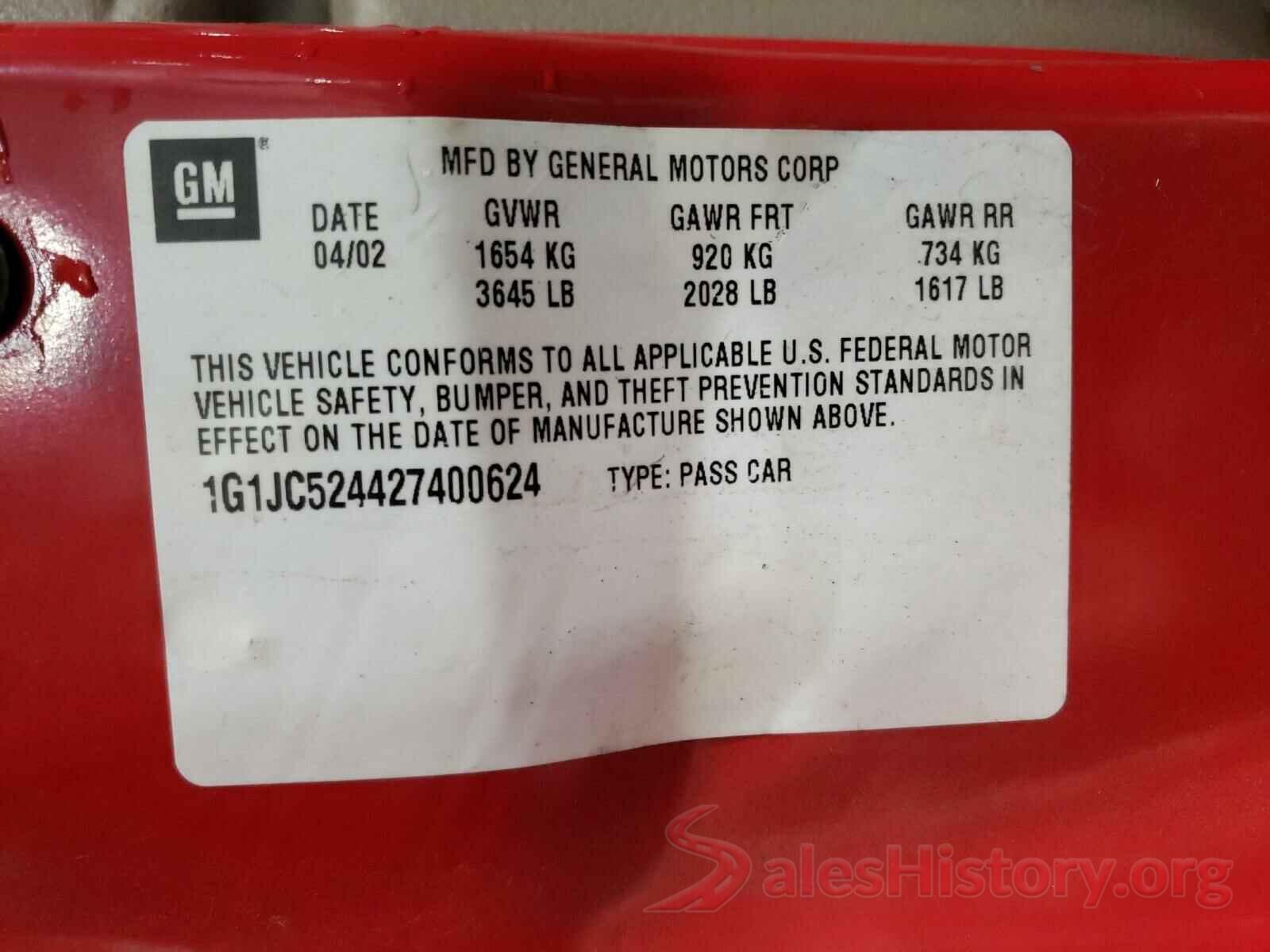 1G1JC524427400624 2002 CHEVROLET CAVALIER