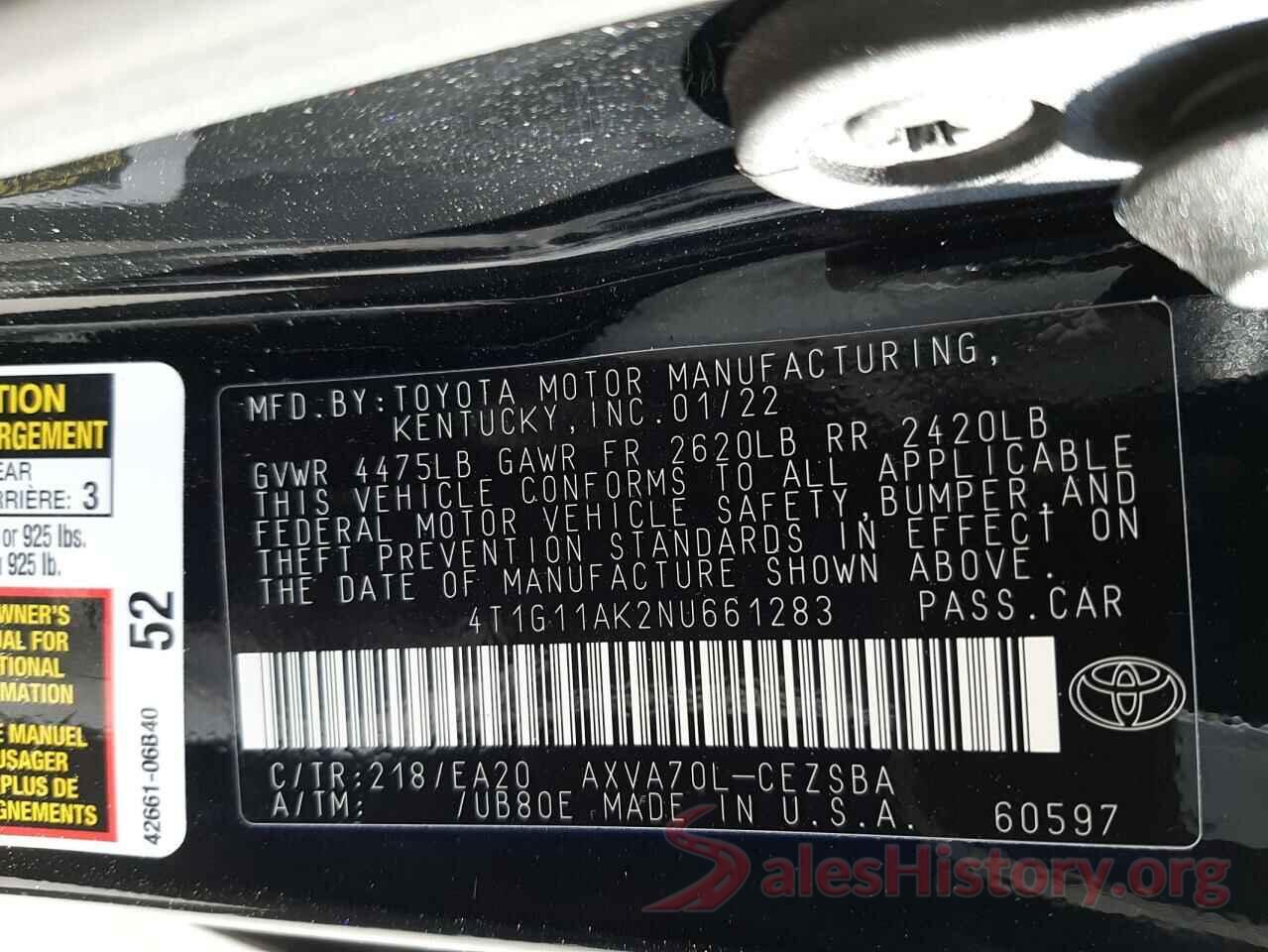 4T1G11AK2NU661283 2022 TOYOTA CAMRY