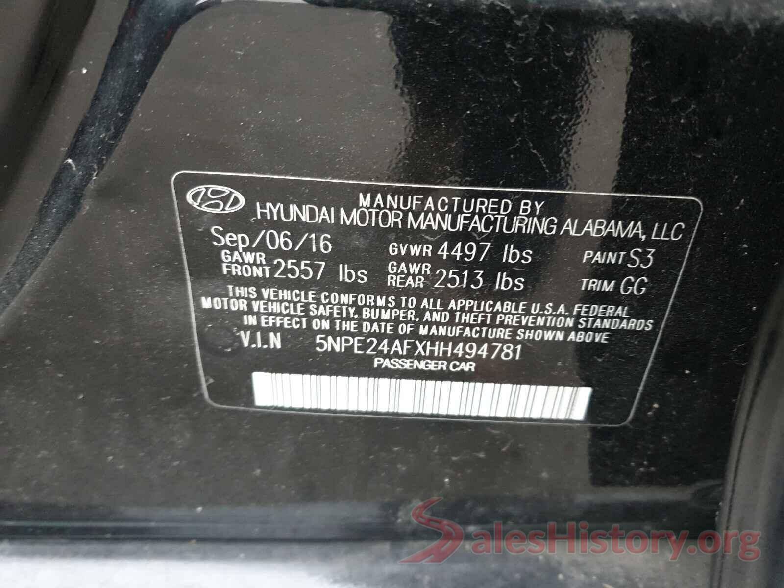 5NPE24AFXHH494781 2017 HYUNDAI SONATA