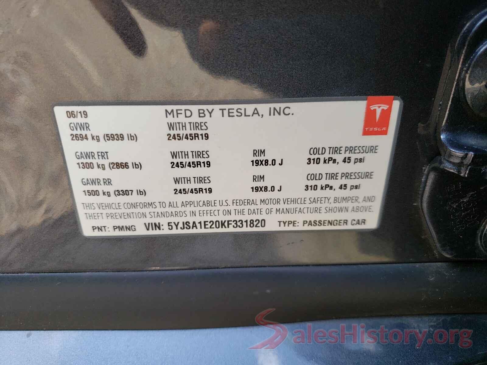 5YJSA1E20KF331820 2019 TESLA MODEL S