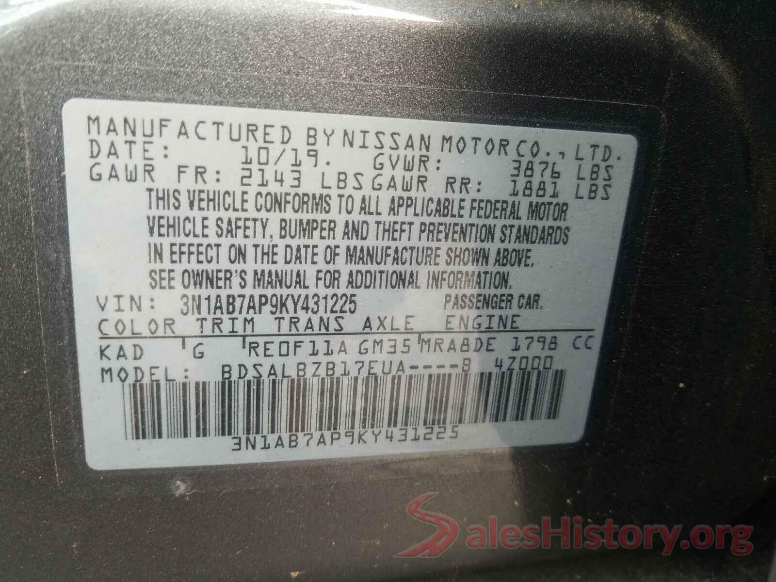 3N1AB7AP9KY431225 2019 NISSAN SENTRA