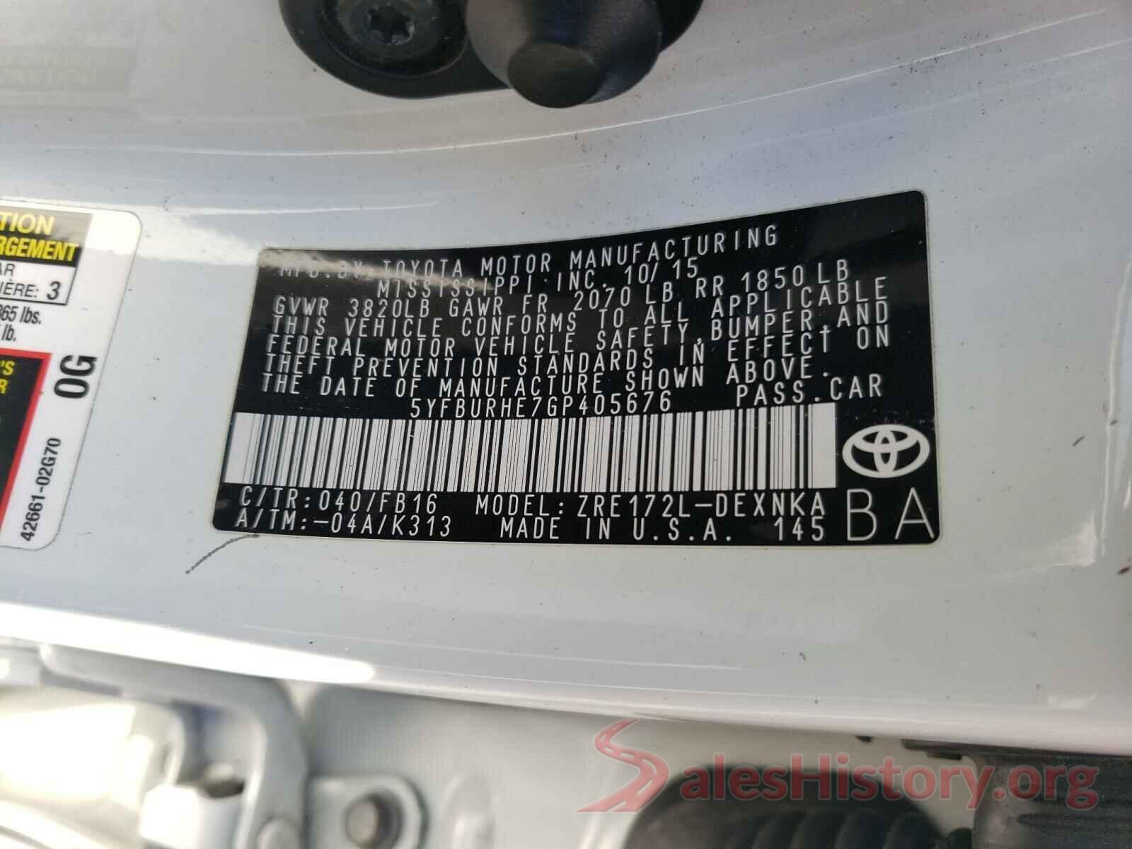 5YFBURHE7GP405676 2016 TOYOTA COROLLA