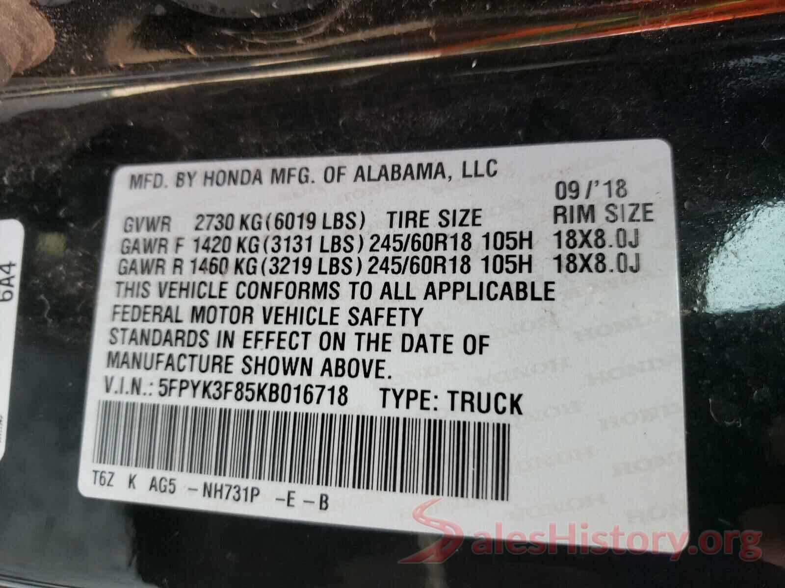 5FPYK3F85KB016718 2019 HONDA RIDGELINE