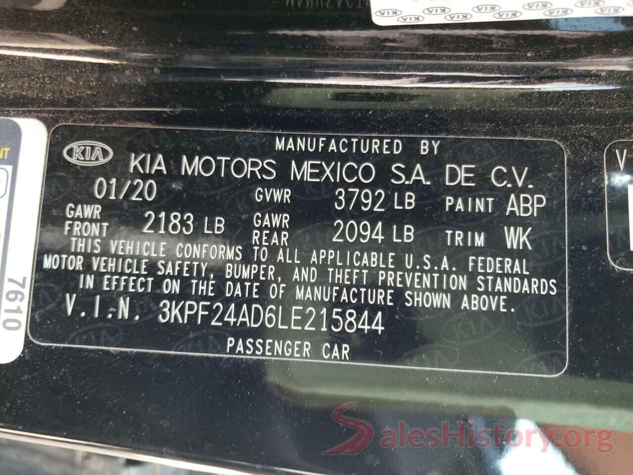 3KPF24AD6LE215844 2020 KIA FORTE