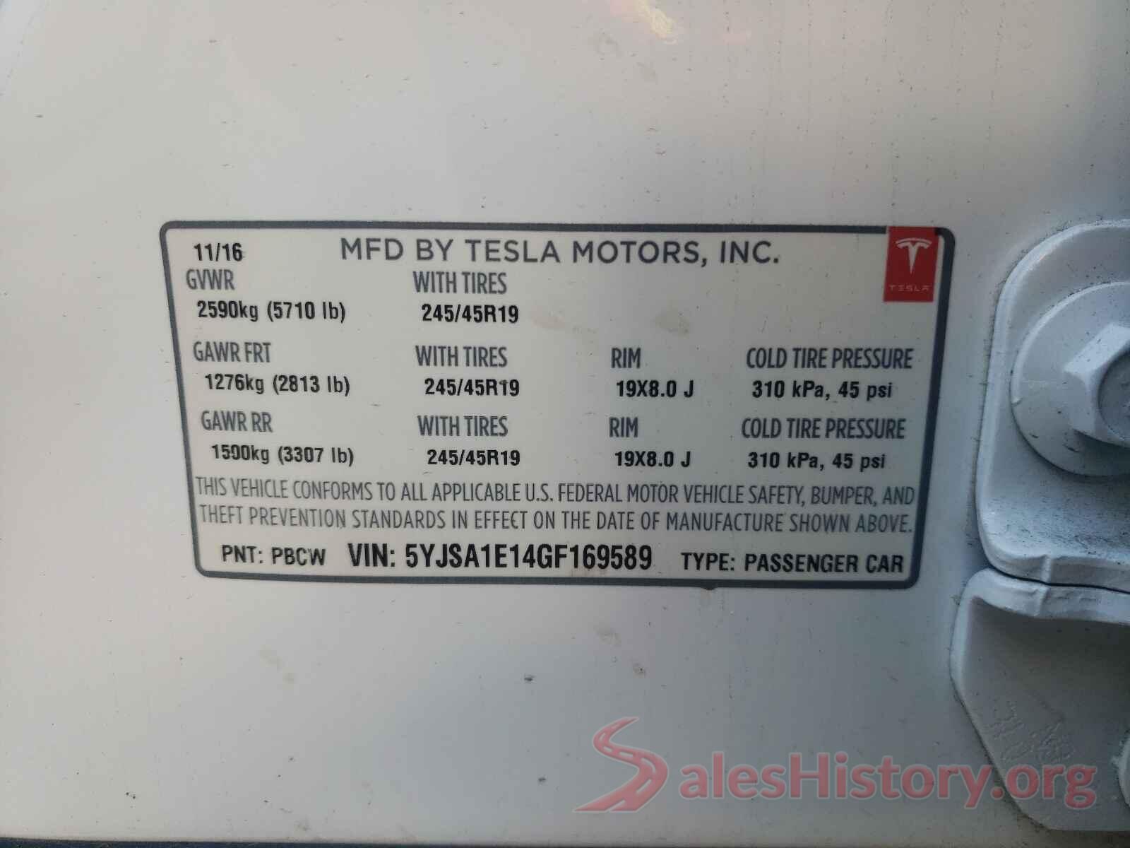 5YJSA1E14GF169589 2016 TESLA MODEL S