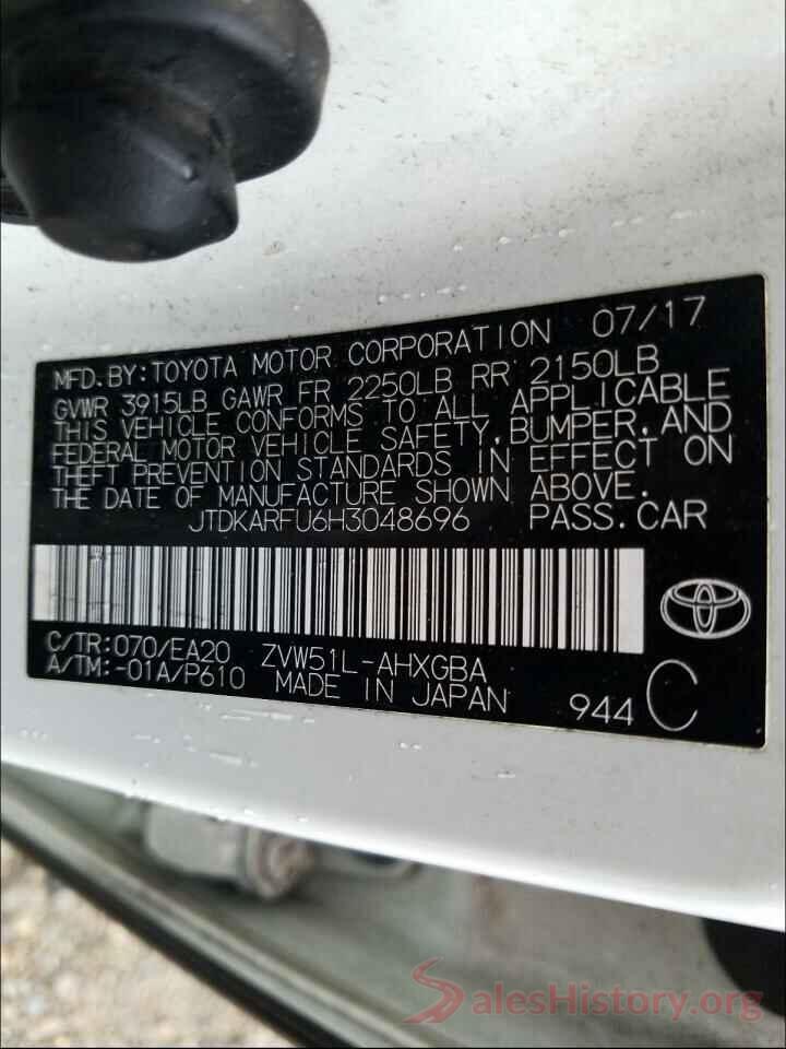 JTDKARFU6H3048696 2017 TOYOTA PRIUS