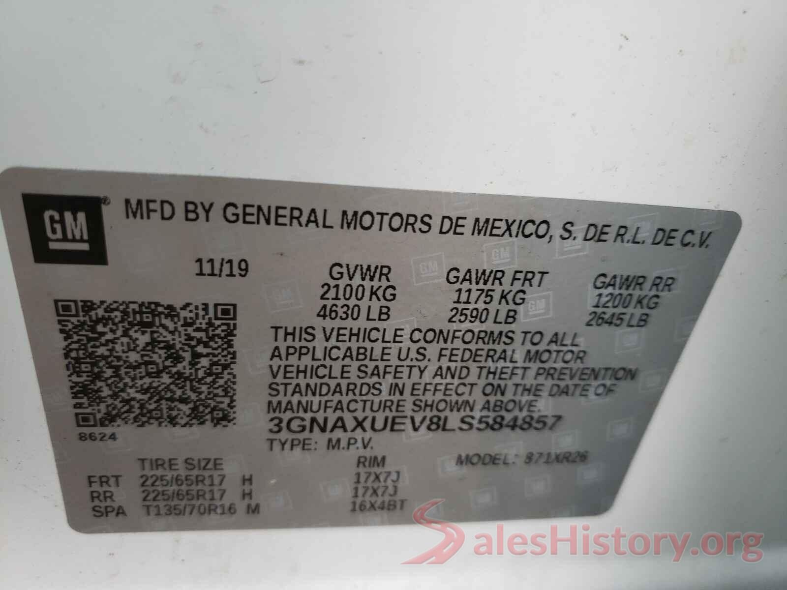 3GNAXUEV8LS584857 2020 CHEVROLET EQUINOX