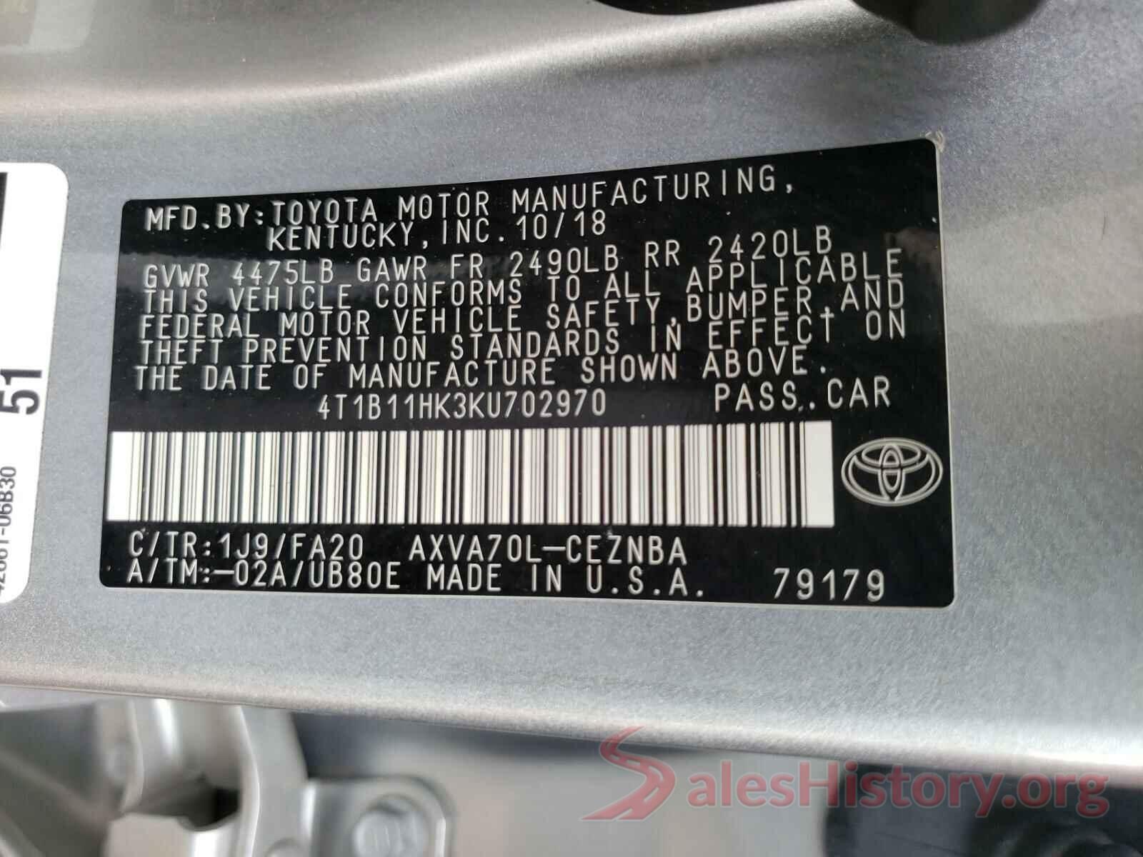 4T1B11HK3KU702970 2019 TOYOTA CAMRY