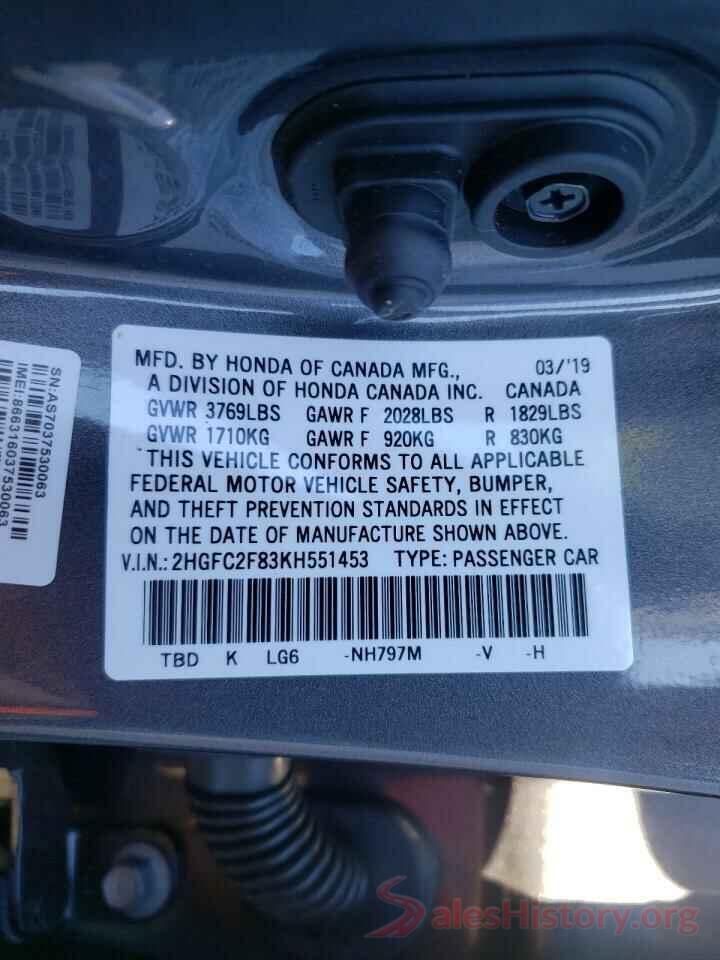 2HGFC2F83KH551453 2019 HONDA CIVIC