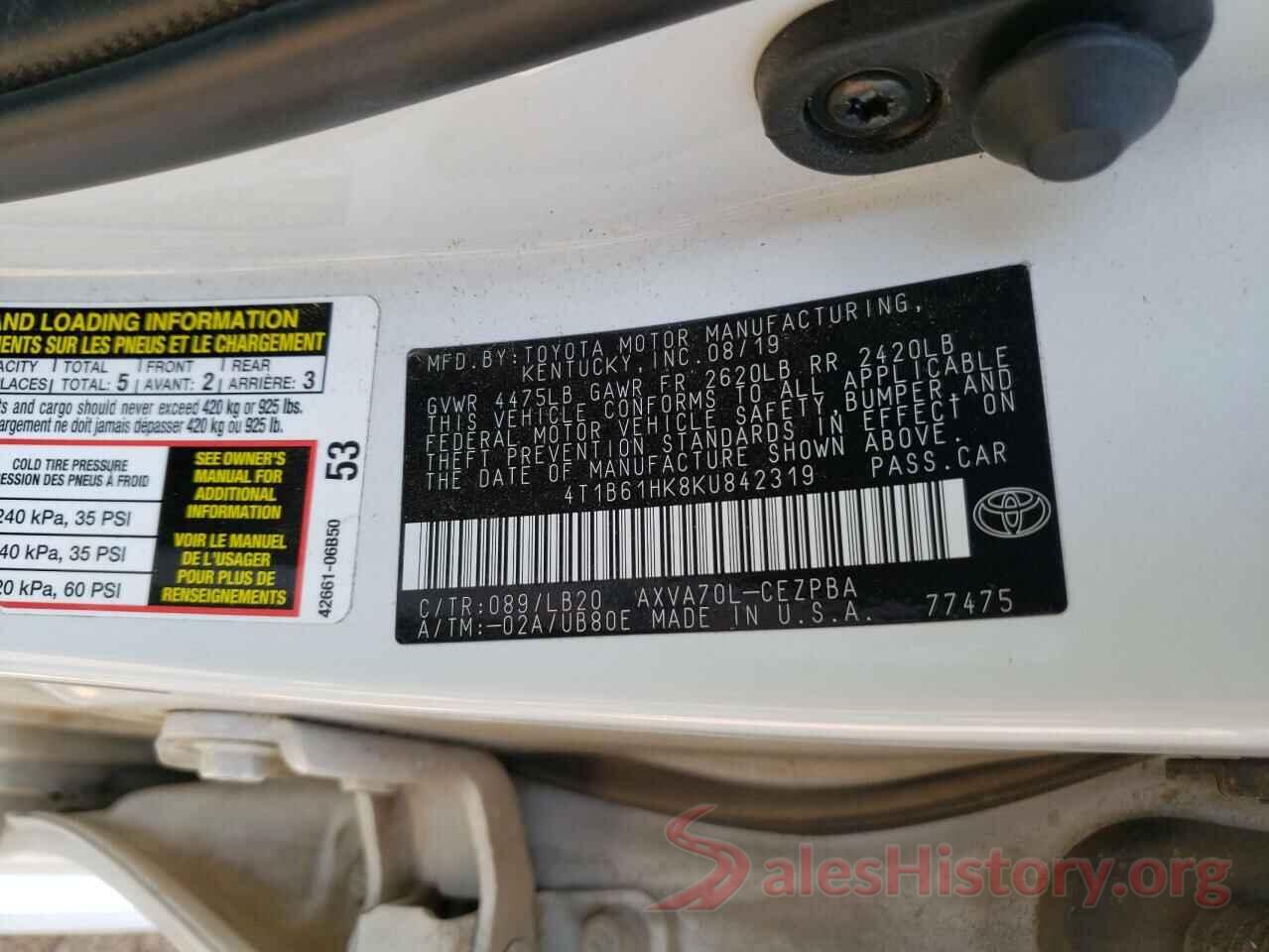 4T1B61HK8KU842319 2019 TOYOTA CAMRY