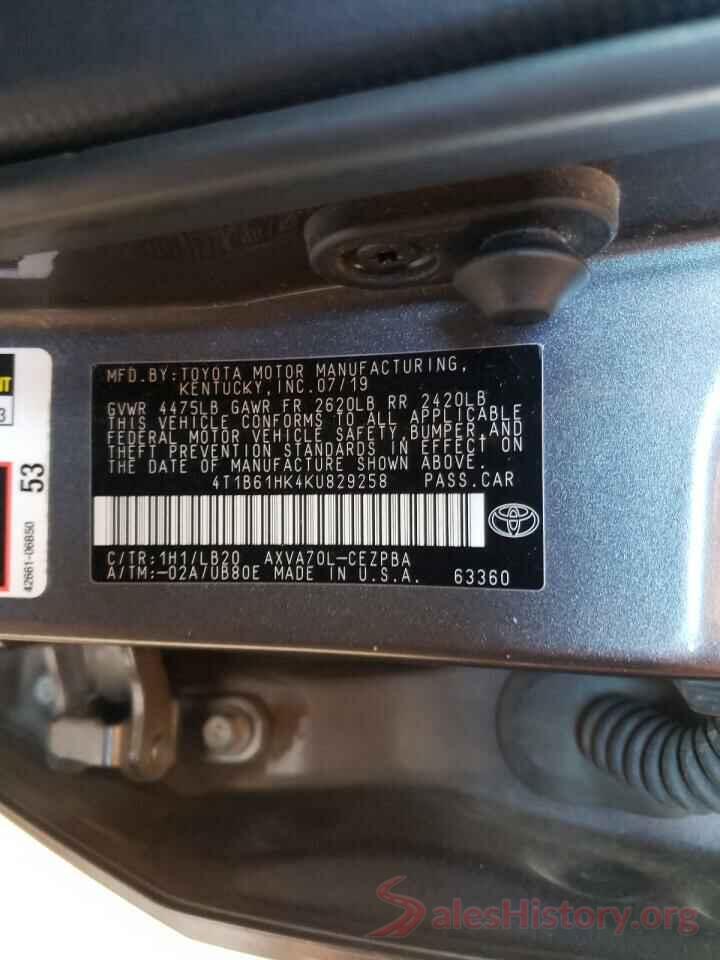 4T1B61HK4KU829258 2019 TOYOTA CAMRY