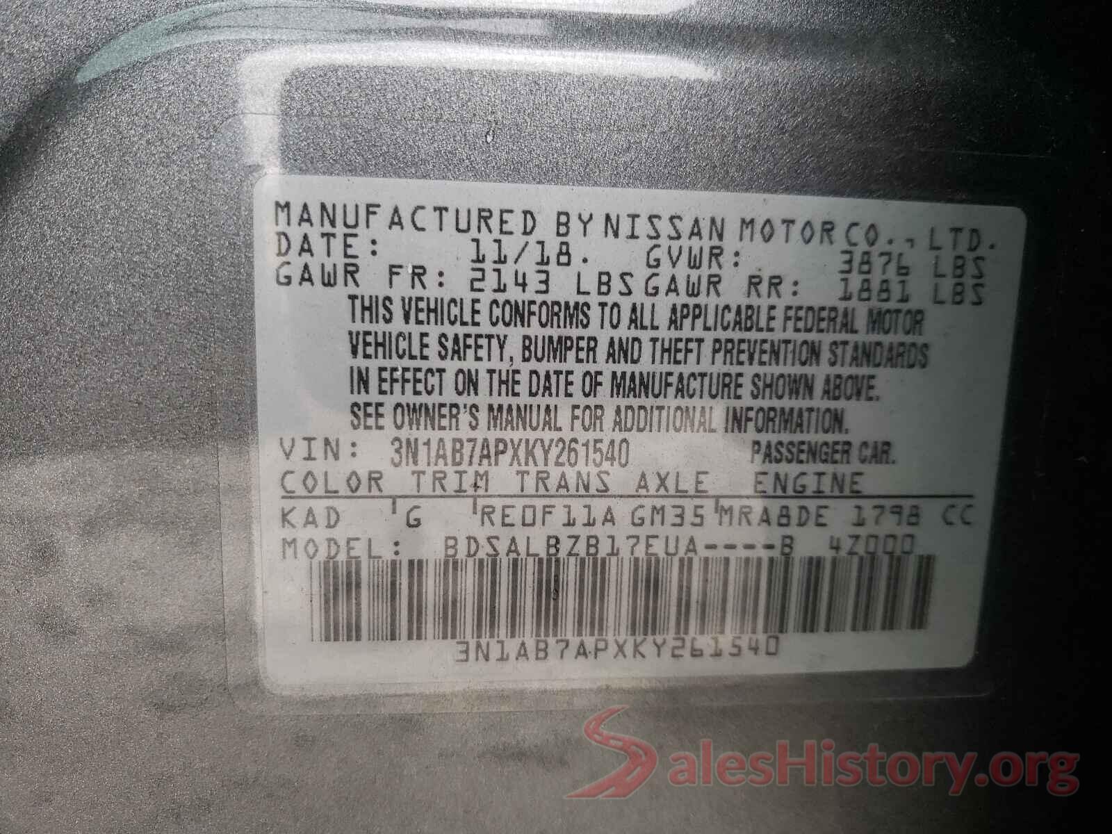 3N1AB7APXKY261540 2019 NISSAN SENTRA