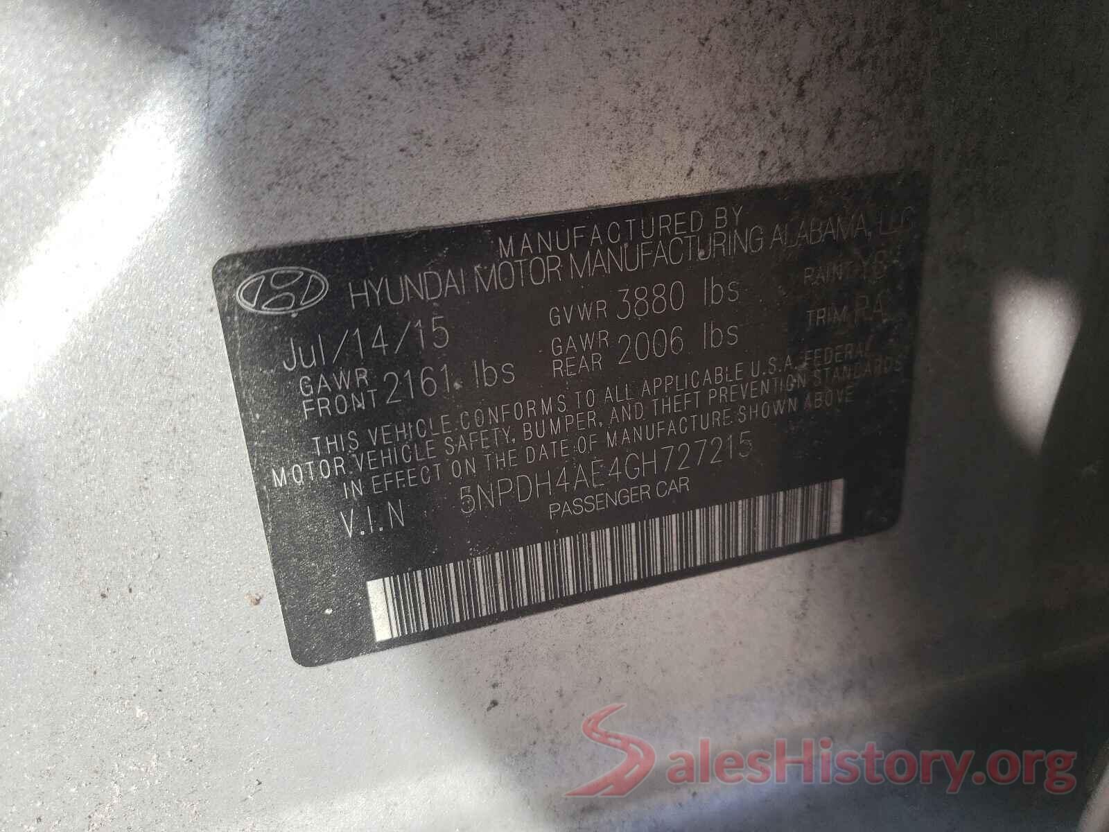 5NPDH4AE4GH727215 2016 HYUNDAI ELANTRA