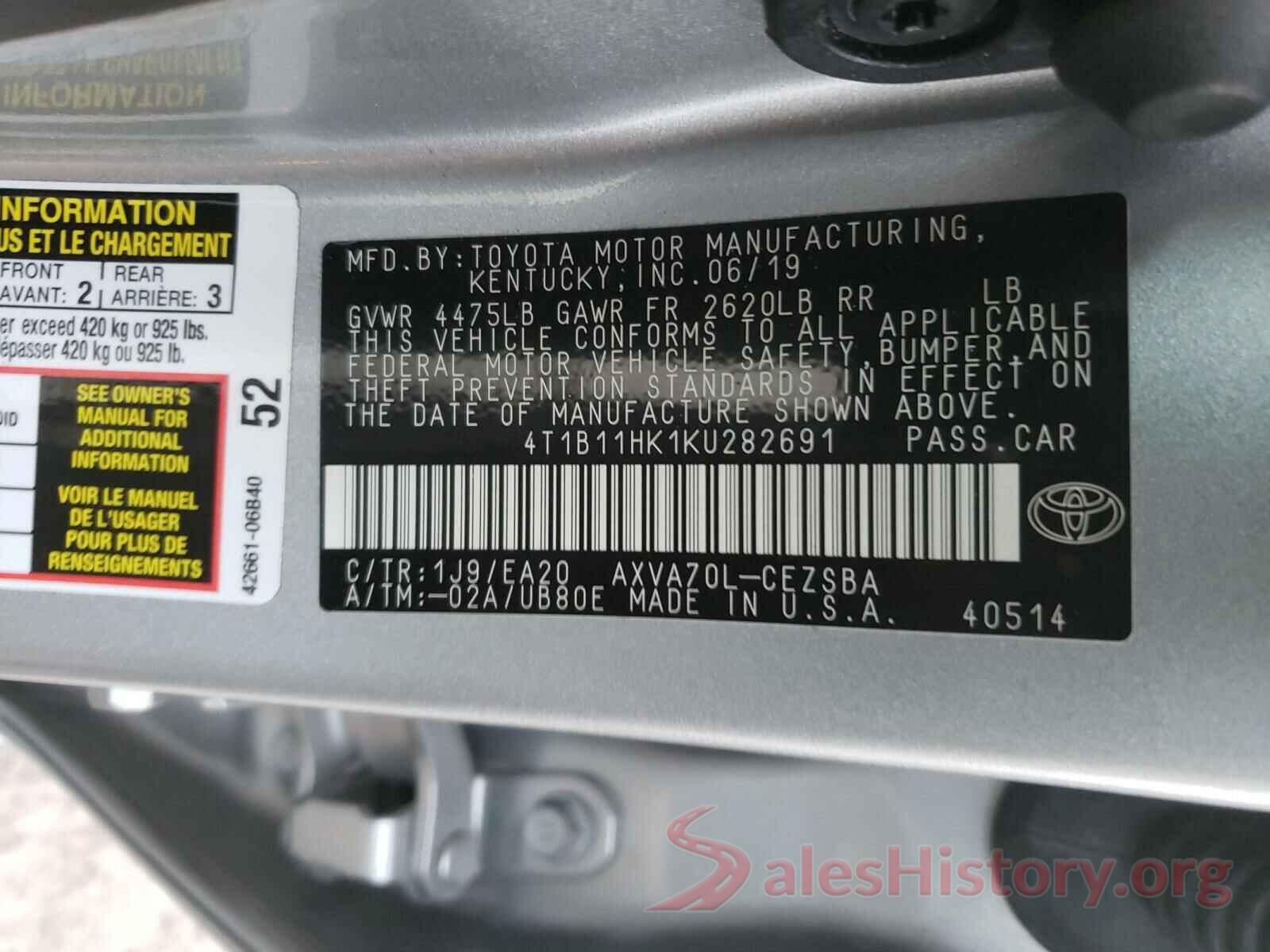 4T1B11HK1KU282691 2019 TOYOTA CAMRY