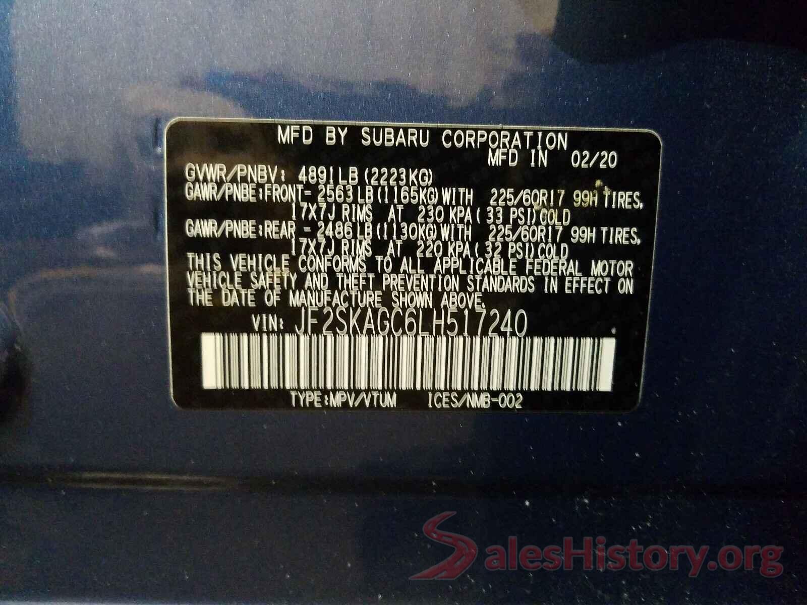 JF2SKAGC6LH517240 2020 SUBARU FORESTER