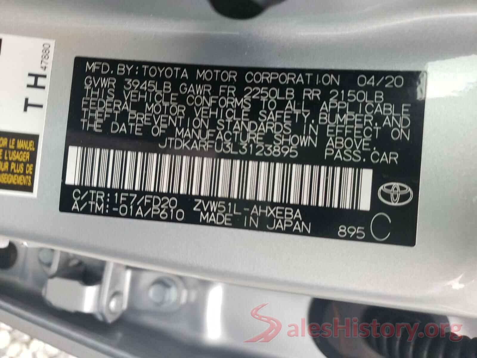 JTDKARFU3L3123895 2020 TOYOTA PRIUS