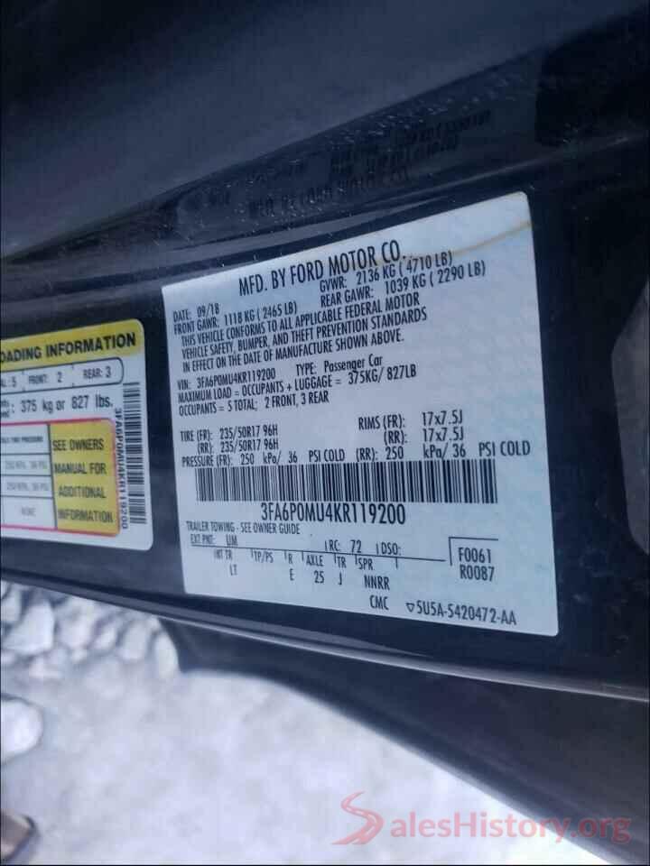 3FA6P0MU4KR119200 2019 FORD FUSION