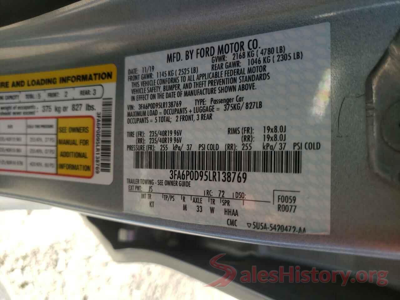 3FA6P0D95LR138769 2020 FORD FUSION