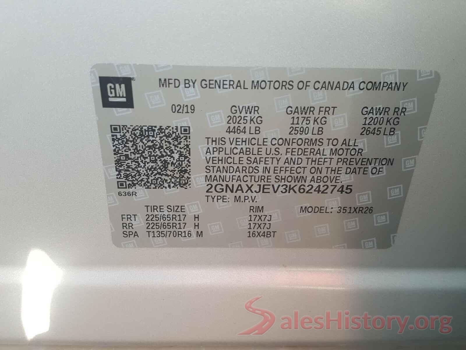 2GNAXJEV3K6242745 2019 CHEVROLET EQUINOX