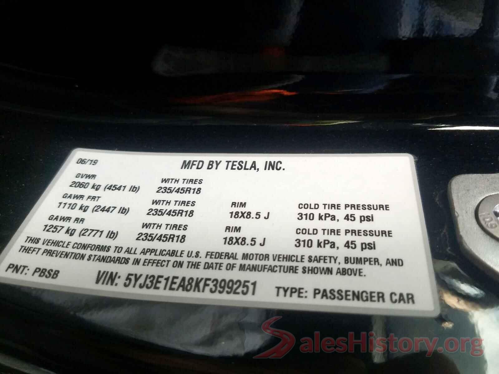 5YJ3E1EA8KF399251 2019 TESLA MODEL 3