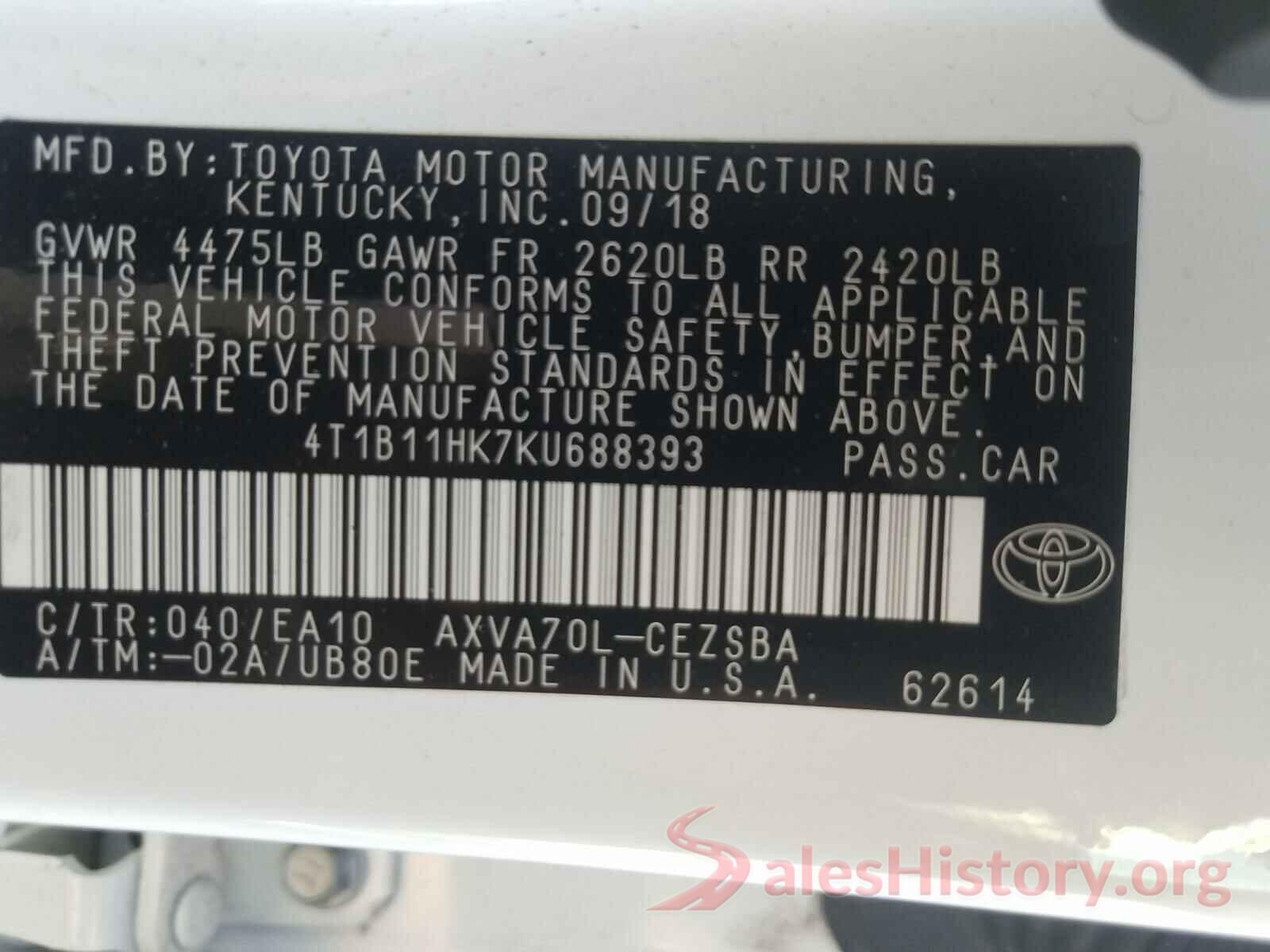 4T1B11HK7KU688393 2019 TOYOTA CAMRY