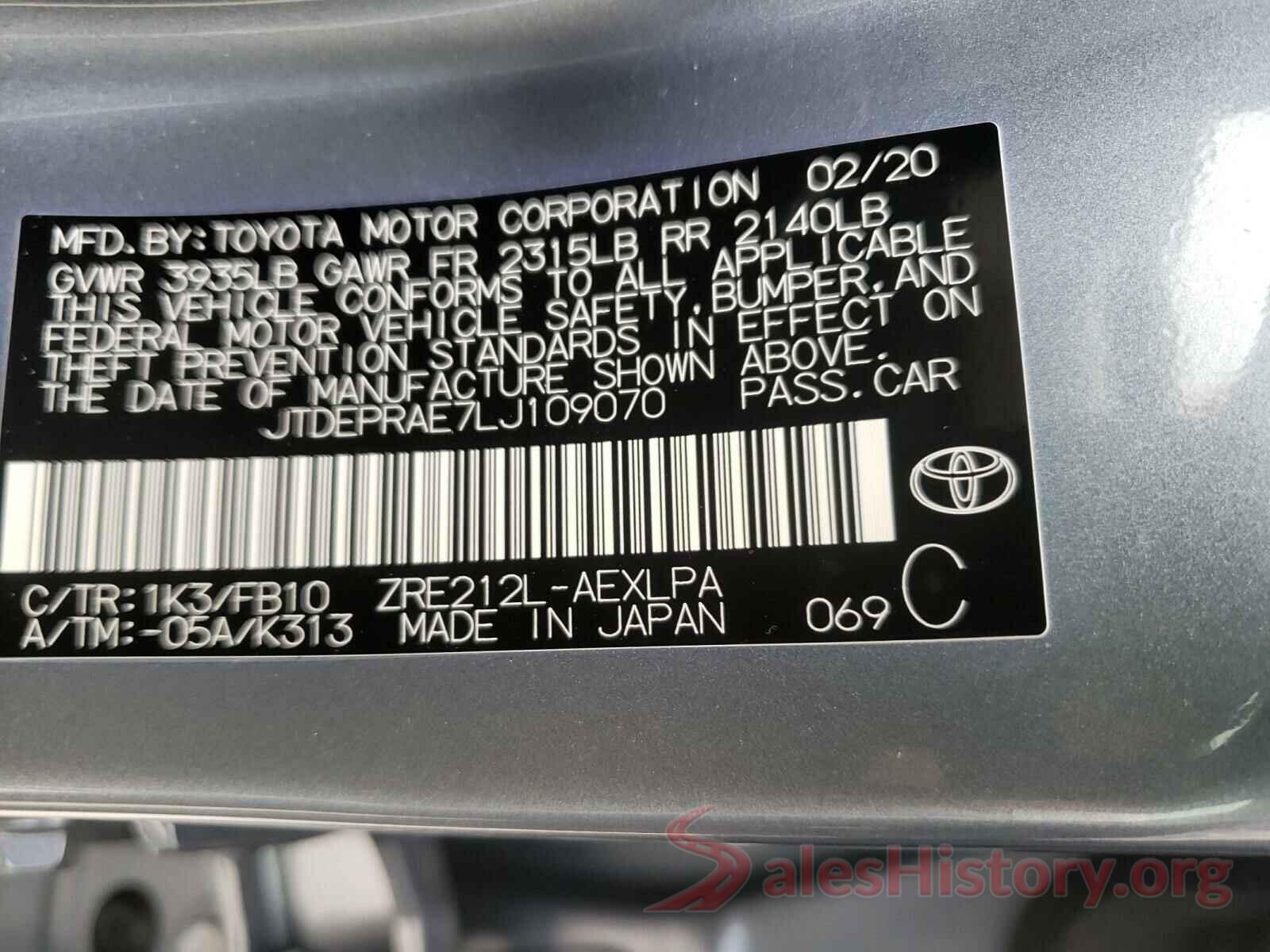 JTDEPRAE7LJ109070 2020 TOYOTA COROLLA