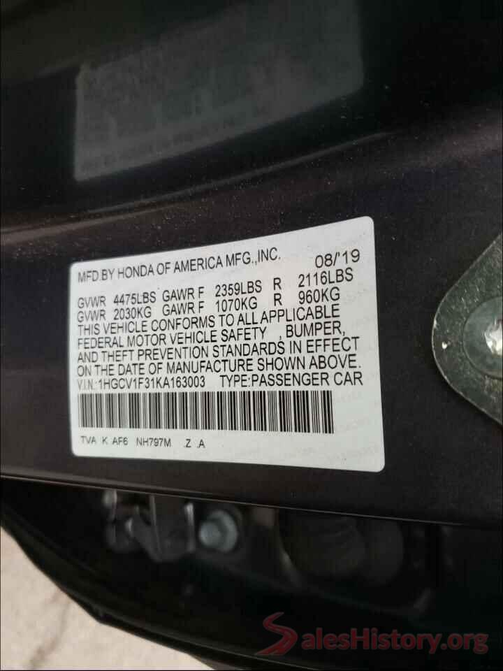 1HGCV1F31KA163003 2019 HONDA ACCORD