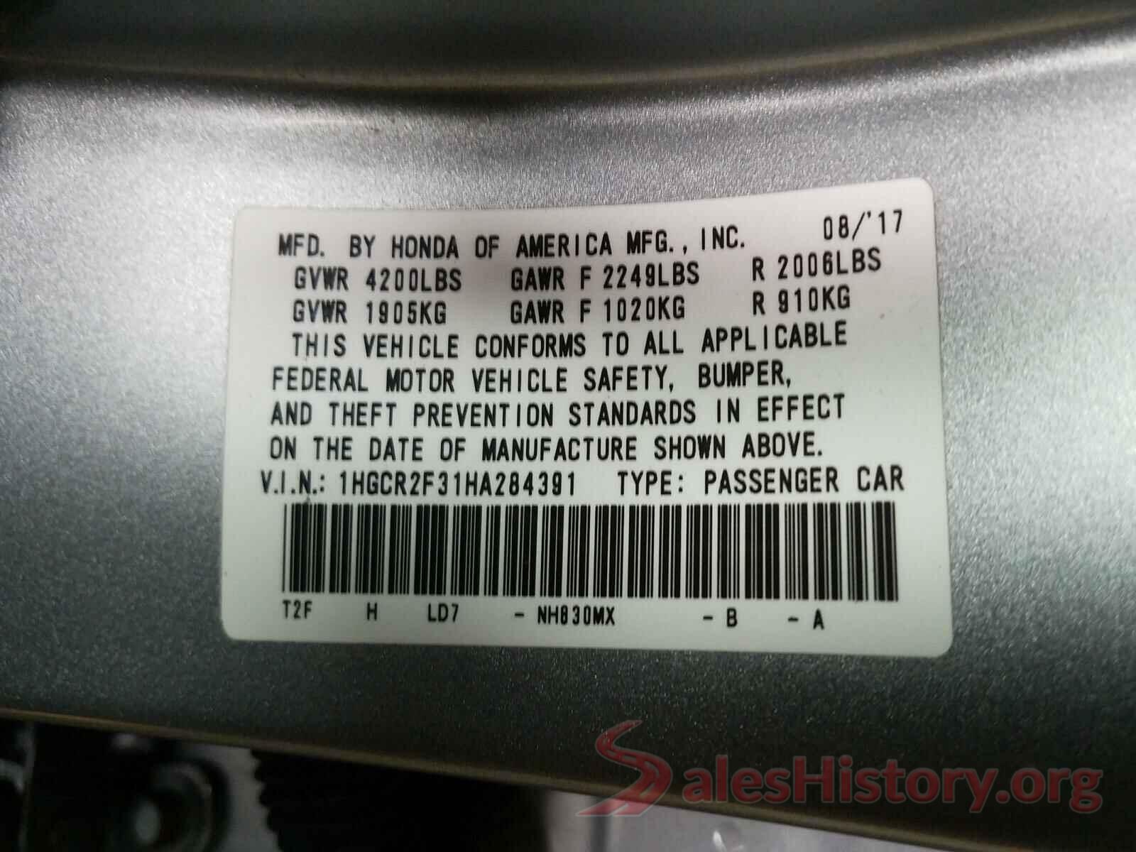 1HGCR2F31HA284391 2017 HONDA ACCORD