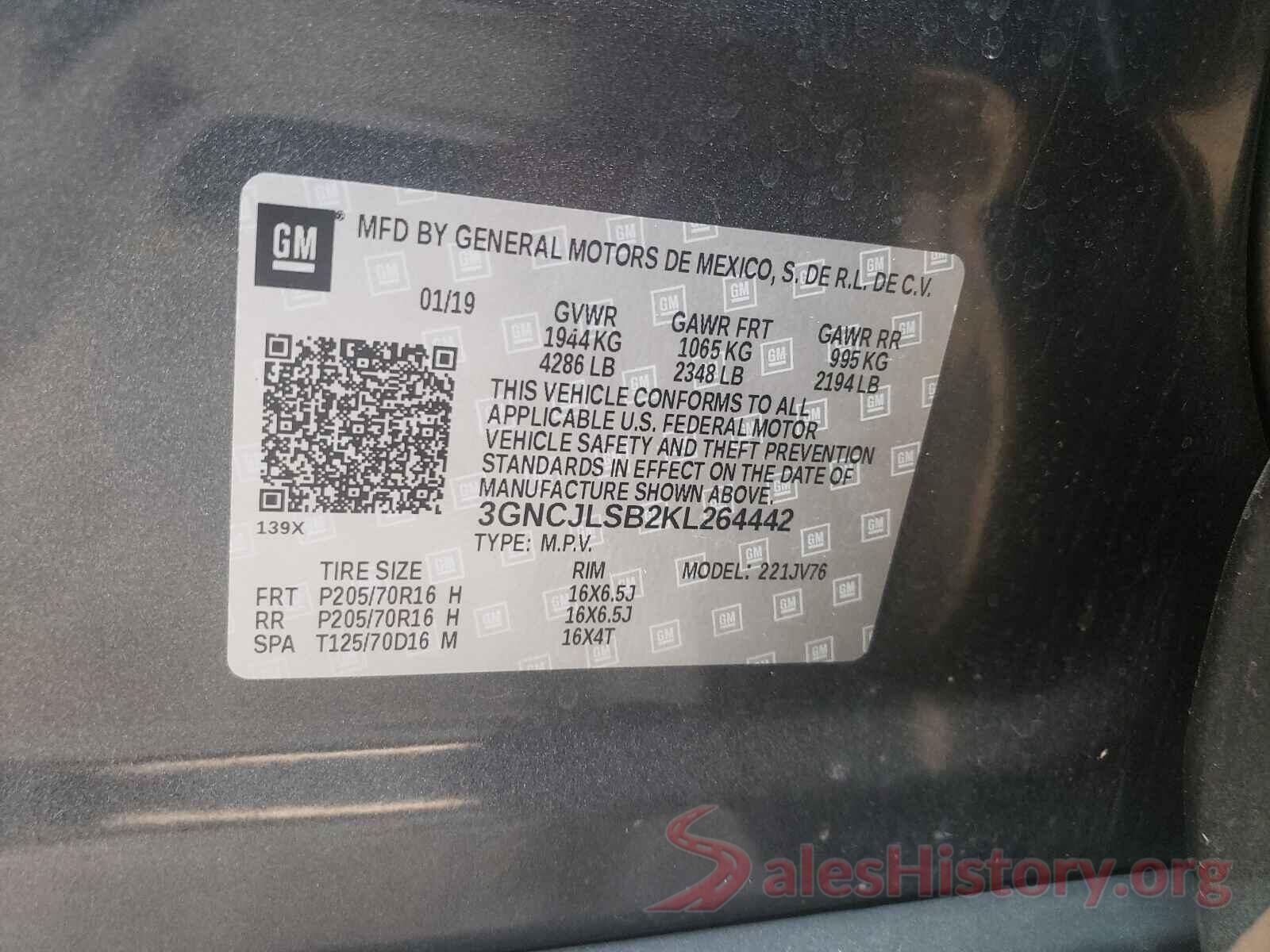 3GNCJLSB2KL264442 2019 CHEVROLET TRAX