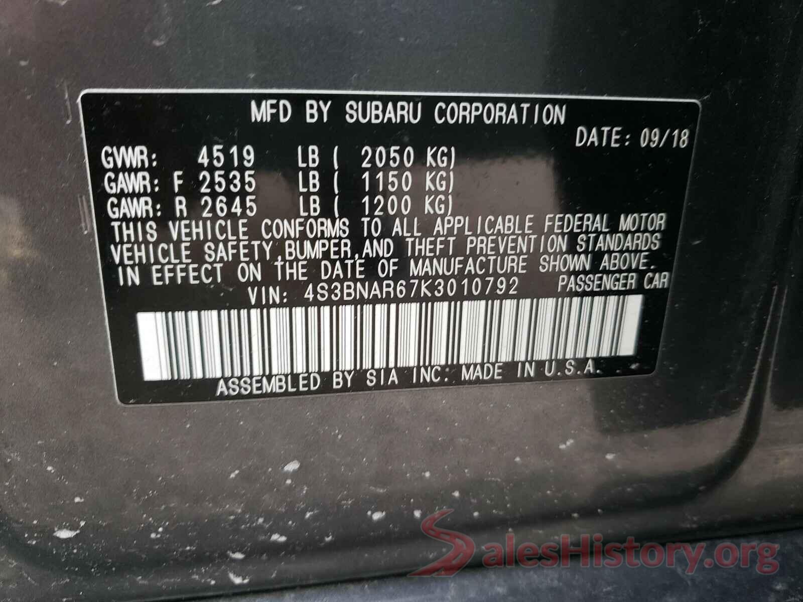 4S3BNAR67K3010792 2019 SUBARU LEGACY