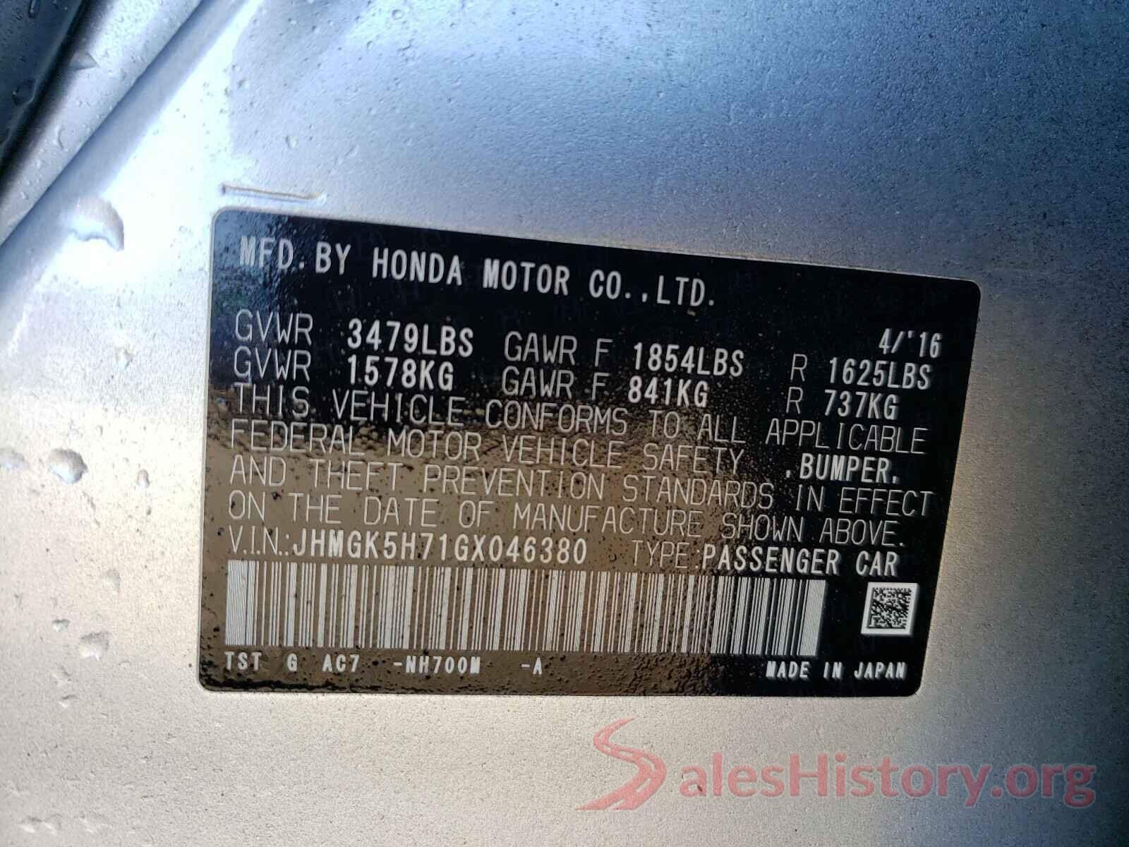 JHMGK5H71GX046380 2016 HONDA FIT