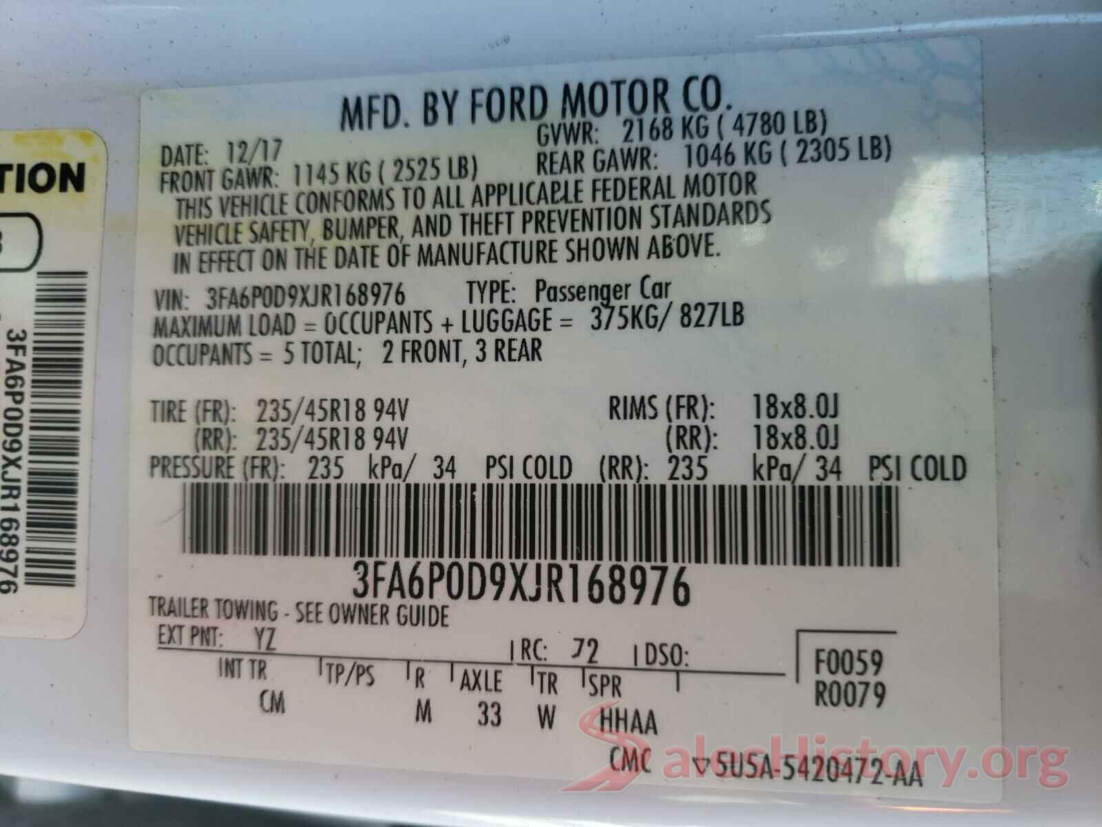 3FA6P0D9XJR168976 2018 FORD FUSION